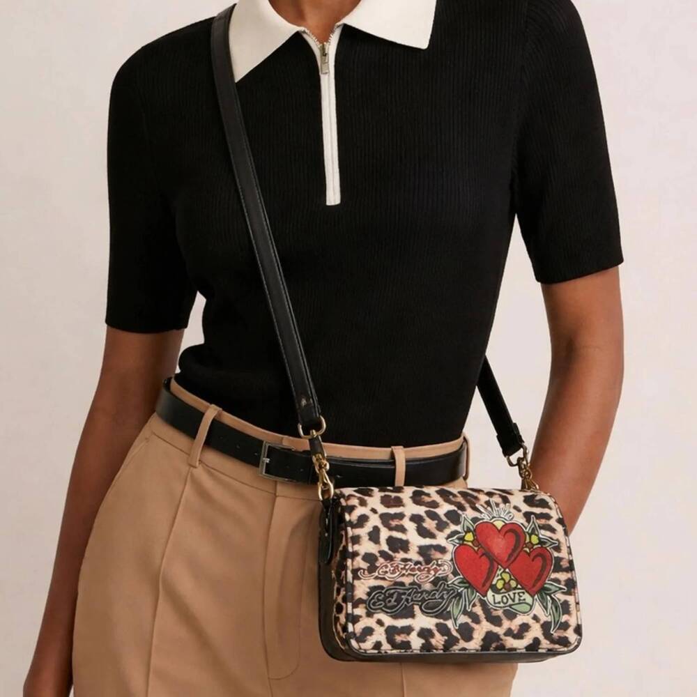 NEW ED HARDY women's leopard print crossbody bag with heart accents in brown